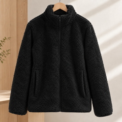 Zip Jacket Polyester Plush Textured with Stand Collar and Hand Pockets