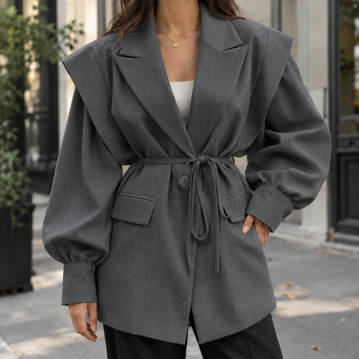 Jacket Polyester Belted with Layered Shoulders and Wide Lapels