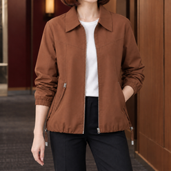 Zip Jacket Polyester with Pointed Collar, Drawcord Hem and Hip Pockets