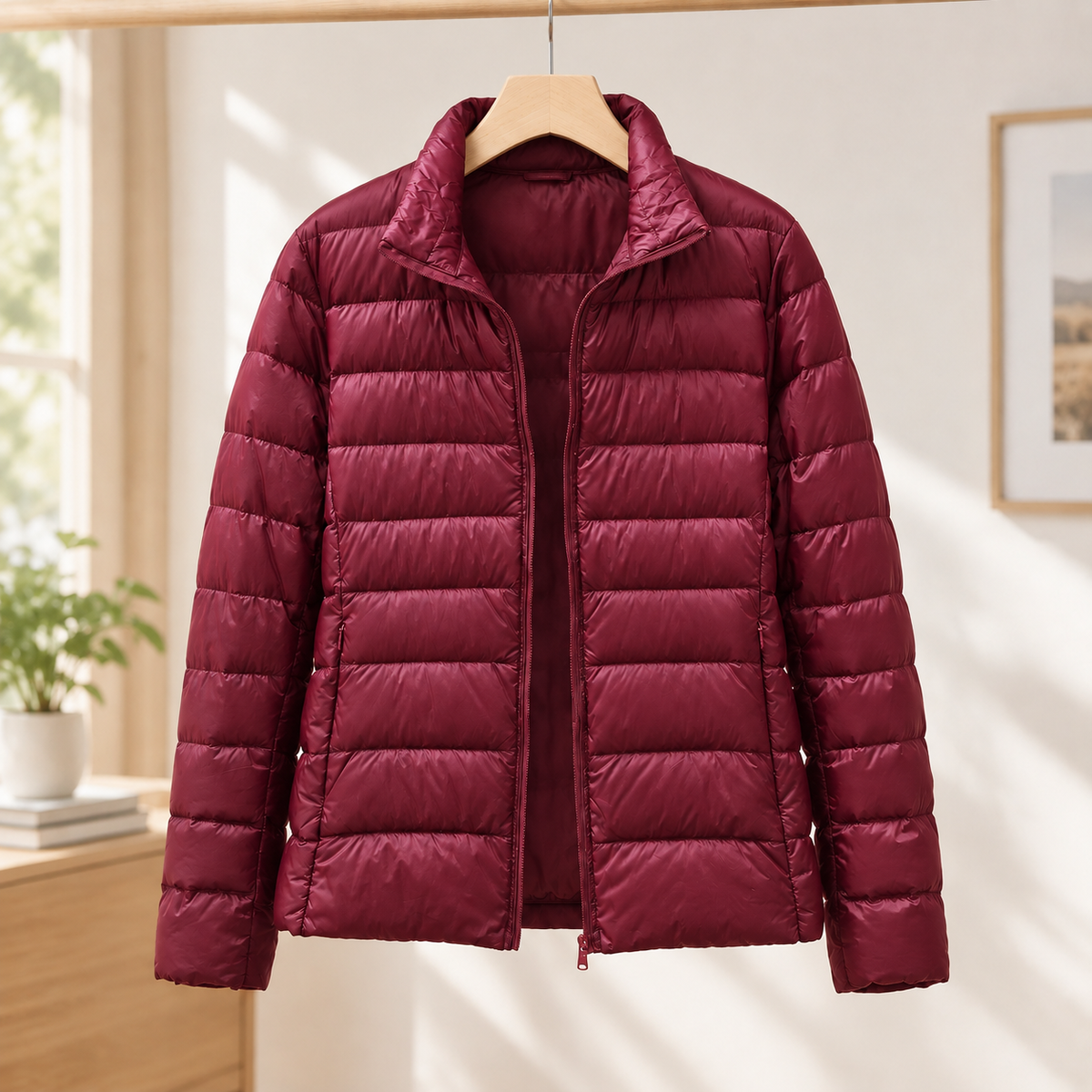 Jacket Cashmere-Feel Quilted Polyester with Stand Collar and Zip