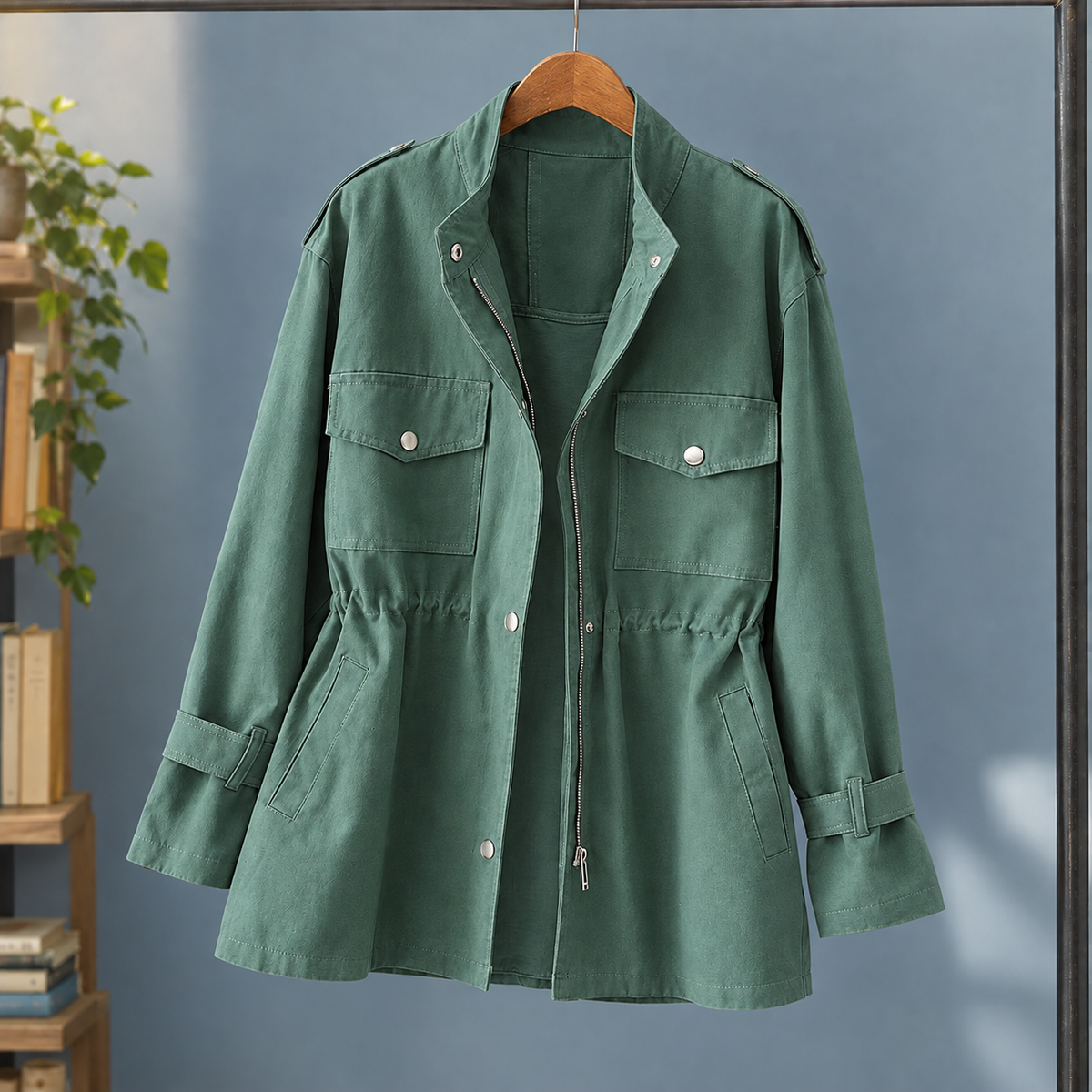 Utility Jacket Polyester with Zip and Snap Front and Four Pockets