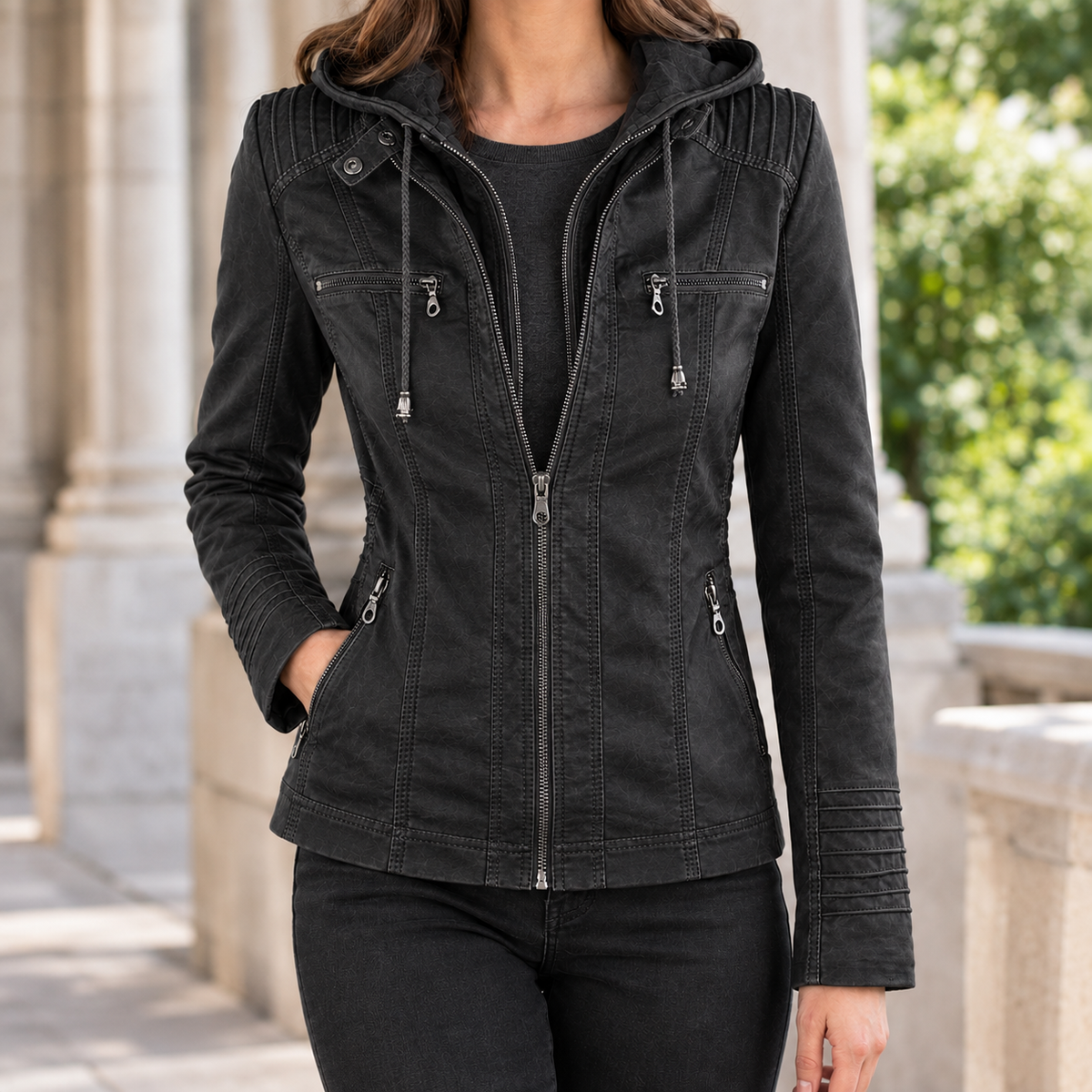 Hooded Jacket Faux Leather Fitted with Layered Zip and Four Pockets