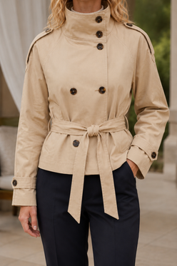 Trench Jacket Polyester Cropped Double-Breasted with Self-Tie Belt