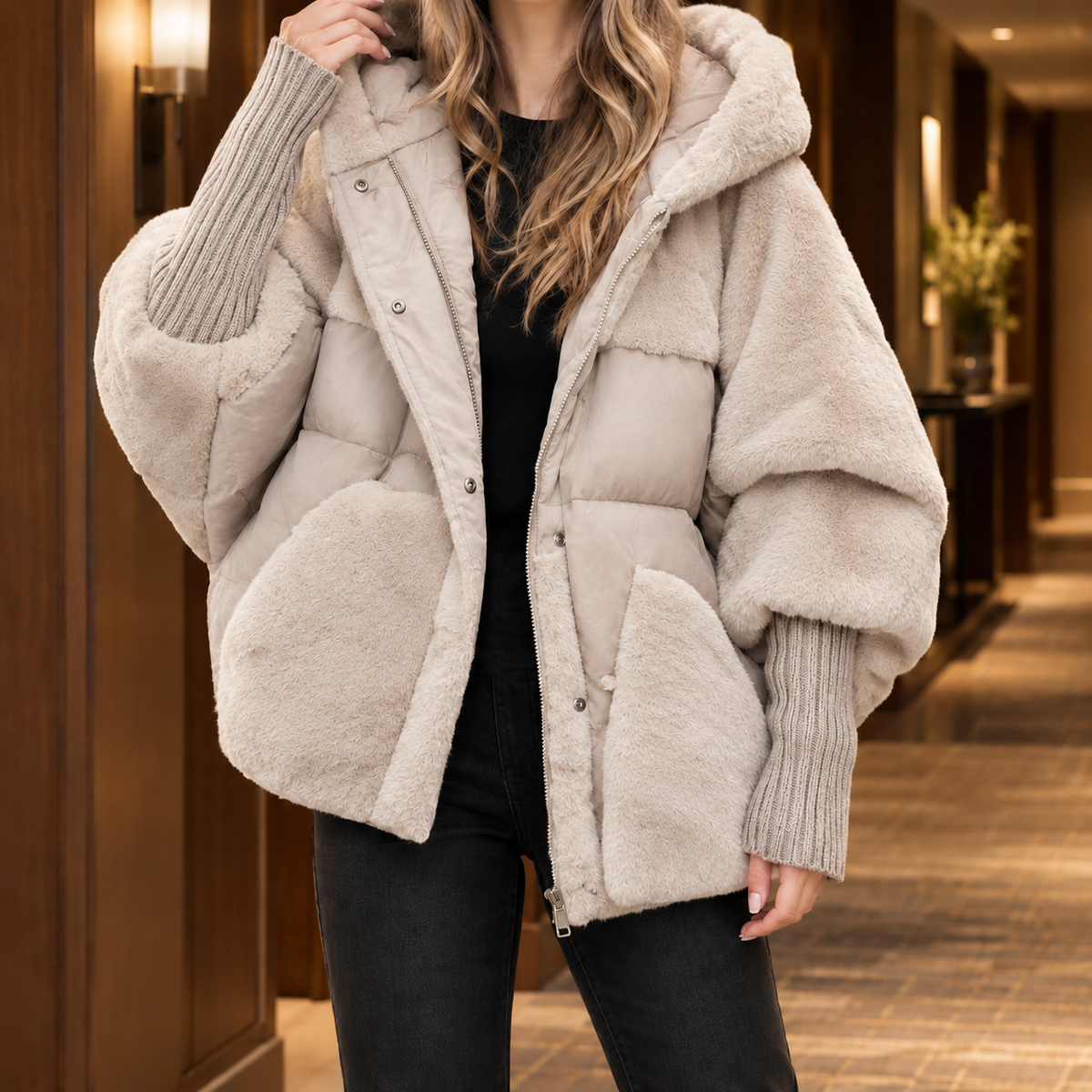 Hooded Jacket Cotton Blend Oversized with Plush and Quilted Panels