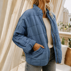 Quilted Jacket Polyester Relaxed with Square-Grid Quilting and Zip