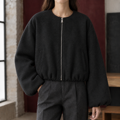 Cropped Jacket Polyester Brushed with Round Neckline and Zip Front