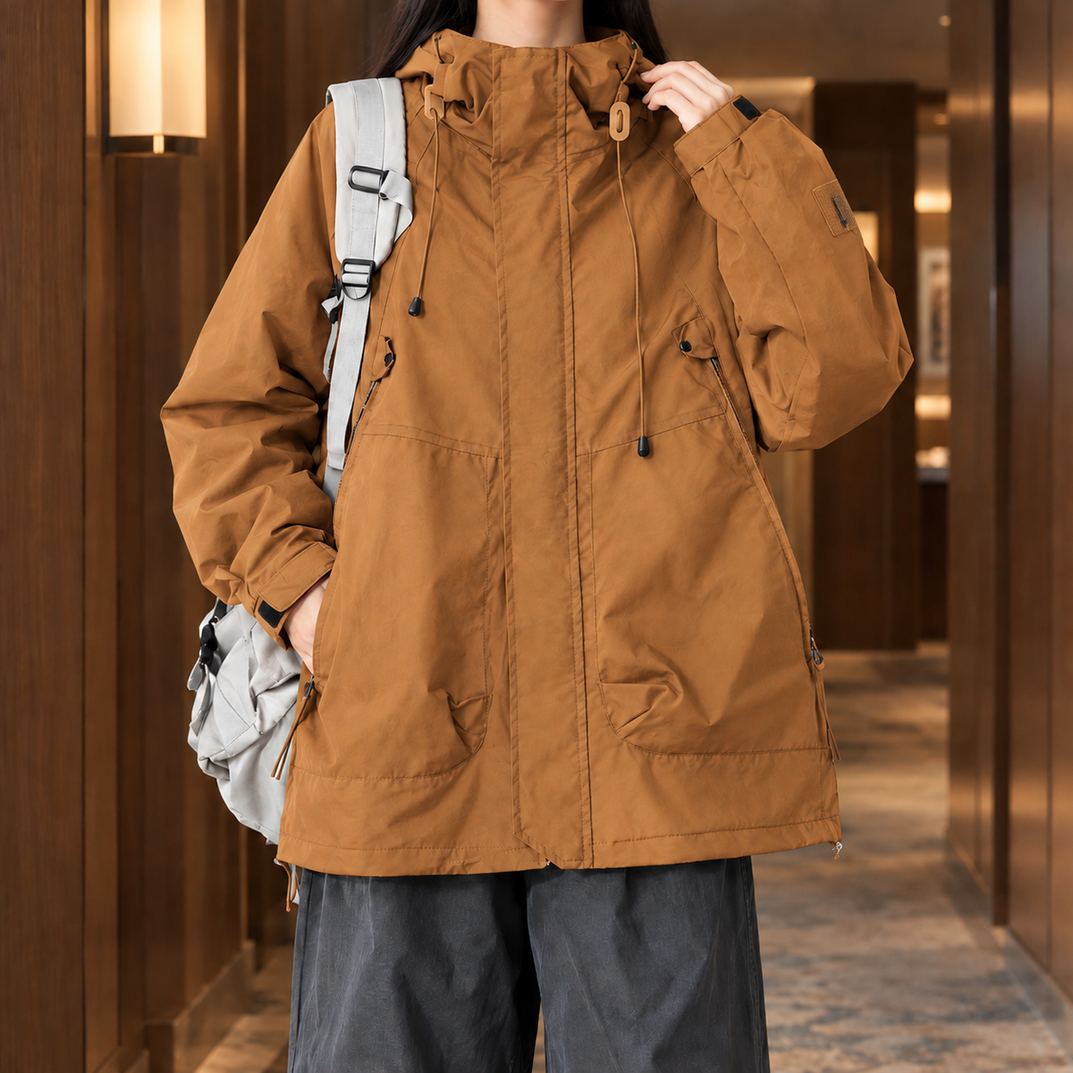 Hooded Jacket Cotton Blend Relaxed Mid-Length with Concealed Zip