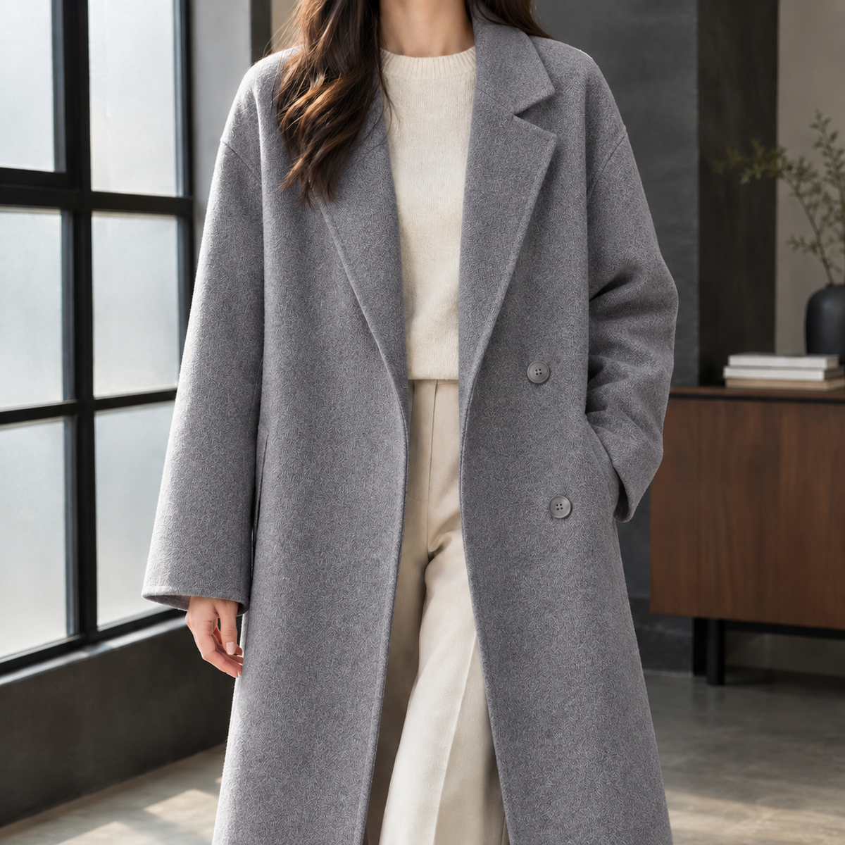 Coat Wool Blend Double-Breasted Long Loose with Notched Lapels