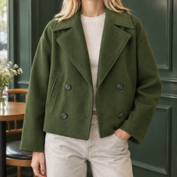 Jacket Wool Blend Double-Breasted Cropped Boxy with Welt Pockets