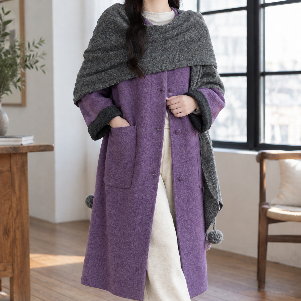 Coat Wool Blend Extra-Long with Patch Pockets and Pom-Pom Scarf