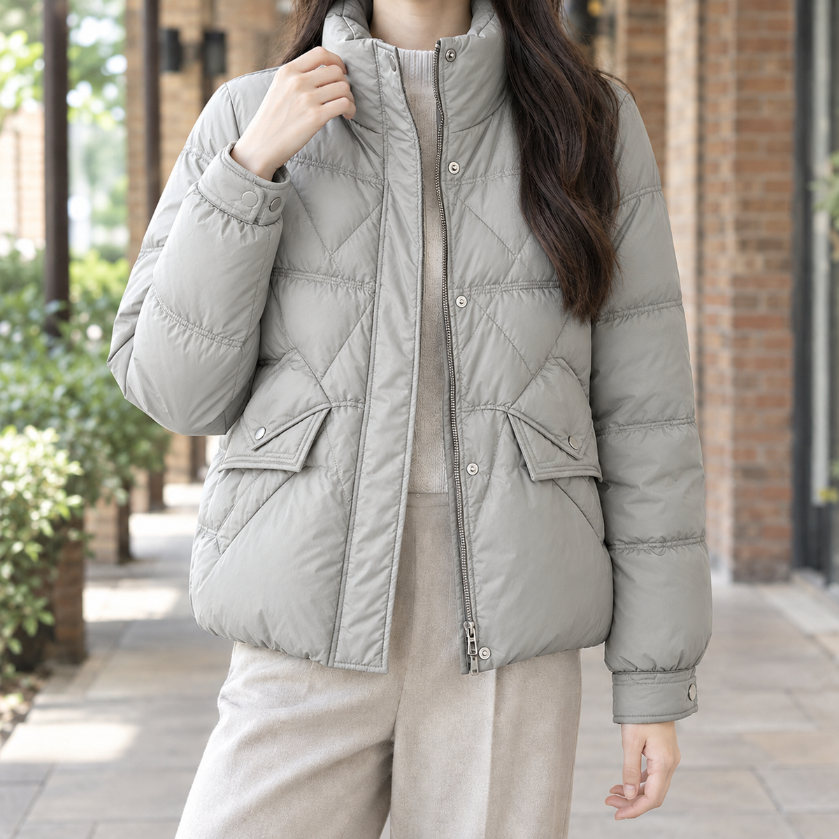 Quilted Jacket Duck Down Waist-Length with Stand Collar, Flap Pockets