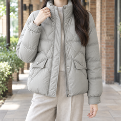 Quilted Jacket Duck Down Waist-Length with Stand Collar, Flap Pockets