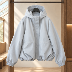 Hooded Jacket Polyester Loose with Balloon Hem and Concealed Zip