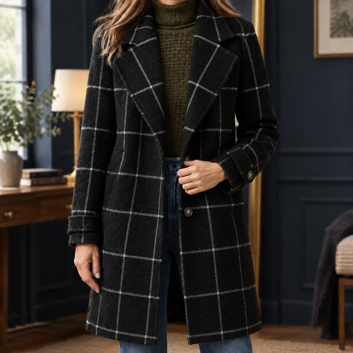Jacket Polyester Windowpane Check Relaxed with Notch Lapels