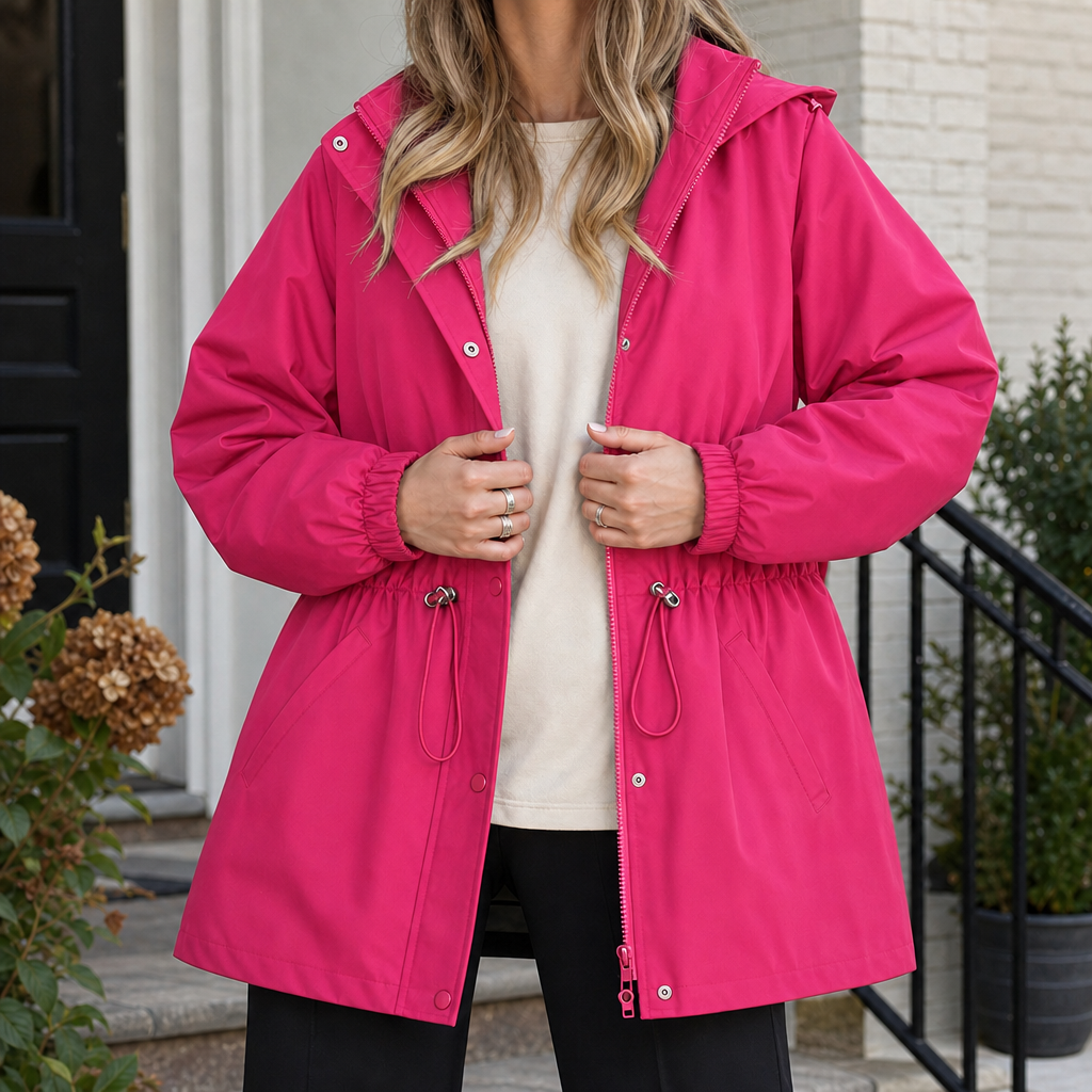 Hooded Jacket Polyester with Zip-and-Snap Front and Drawstring Waist