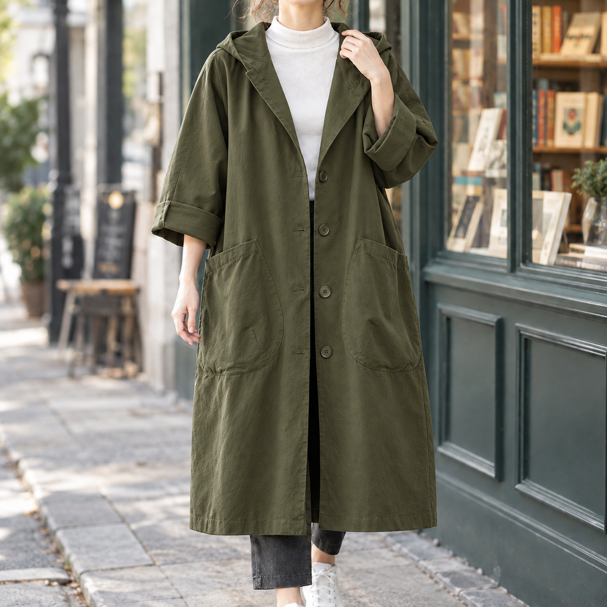 Hooded Coat Polyester Longline Relaxed with Oversized Patch Pockets