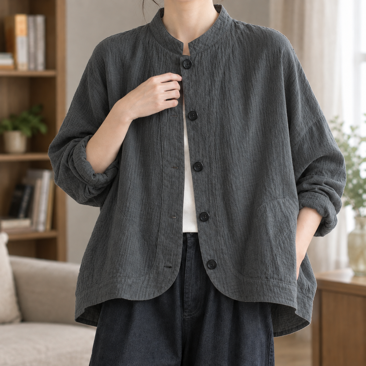 Stand Collar Jacket Cotton Blend Gauze Batwing with Button Front