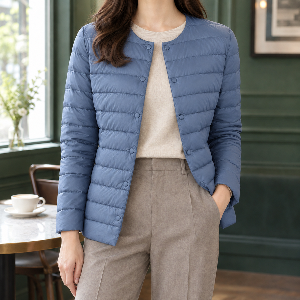 Quilted Jacket Lightweight Down Fill Slim with Collarless Neckline