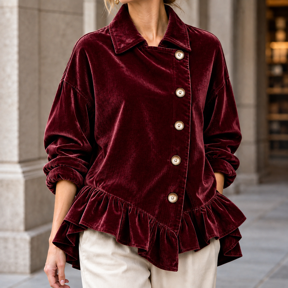 Jacket Polyester with Asymmetric Ruffle Hem and Button Front