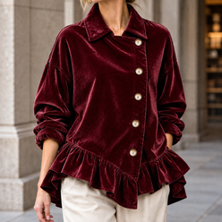 Jacket Polyester with Asymmetric Ruffle Hem and Button Front