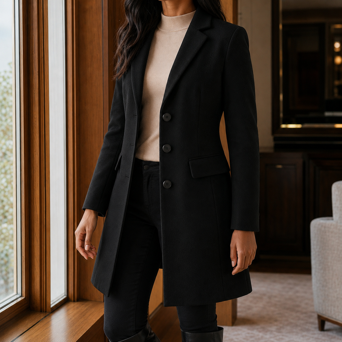 Coat Wool Blend Tailored Fitted Flared with Notched Lapels