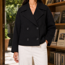 Blazer Polyester Cropped Boxy Double-Breasted with Notched Lapels