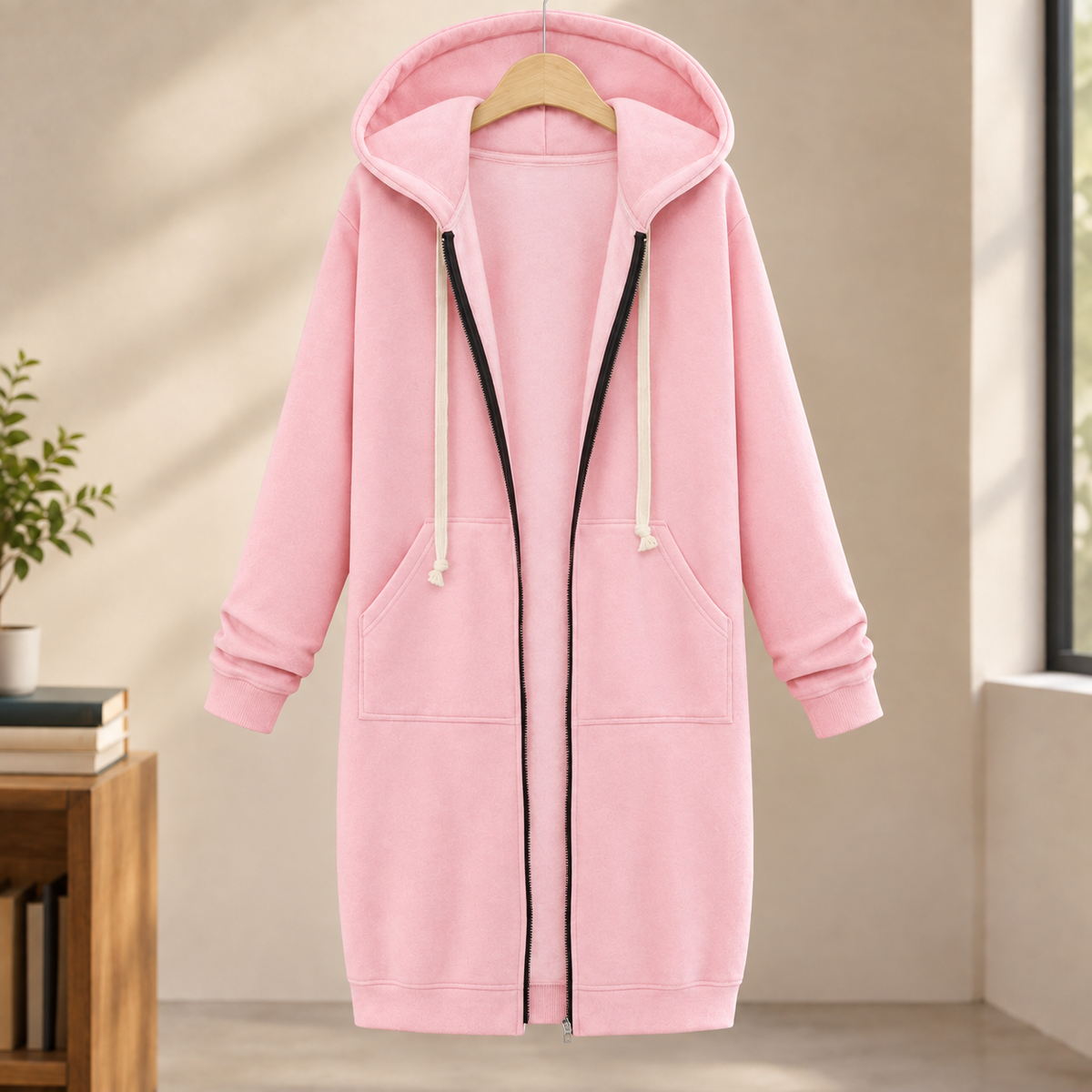 Overcoat Polyester Longline with Drawcord Hood and Full Zip
