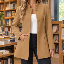 Blazer Polyester Longline with Stand Collar and Fabric-Covered Buttons
