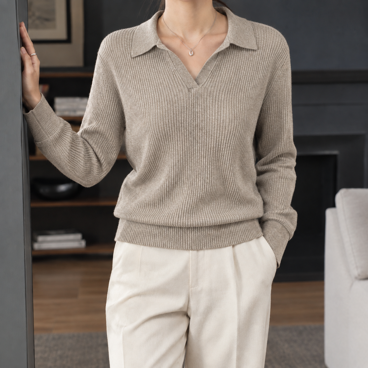 Ribbed Polo Collar Jumper