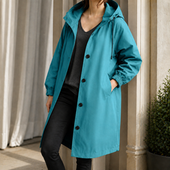 Hooded Overcoat Polyester Sweeping Longline with Angled Pockets