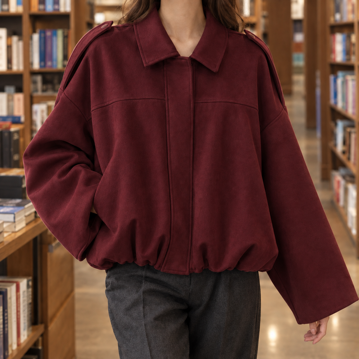 Bomber Jacket Faux Suede Oversized Cropped with Pointed Shirt Collar