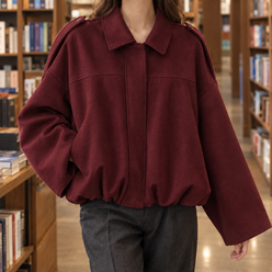 Bomber Jacket Faux Suede Oversized Cropped with Pointed Shirt Collar