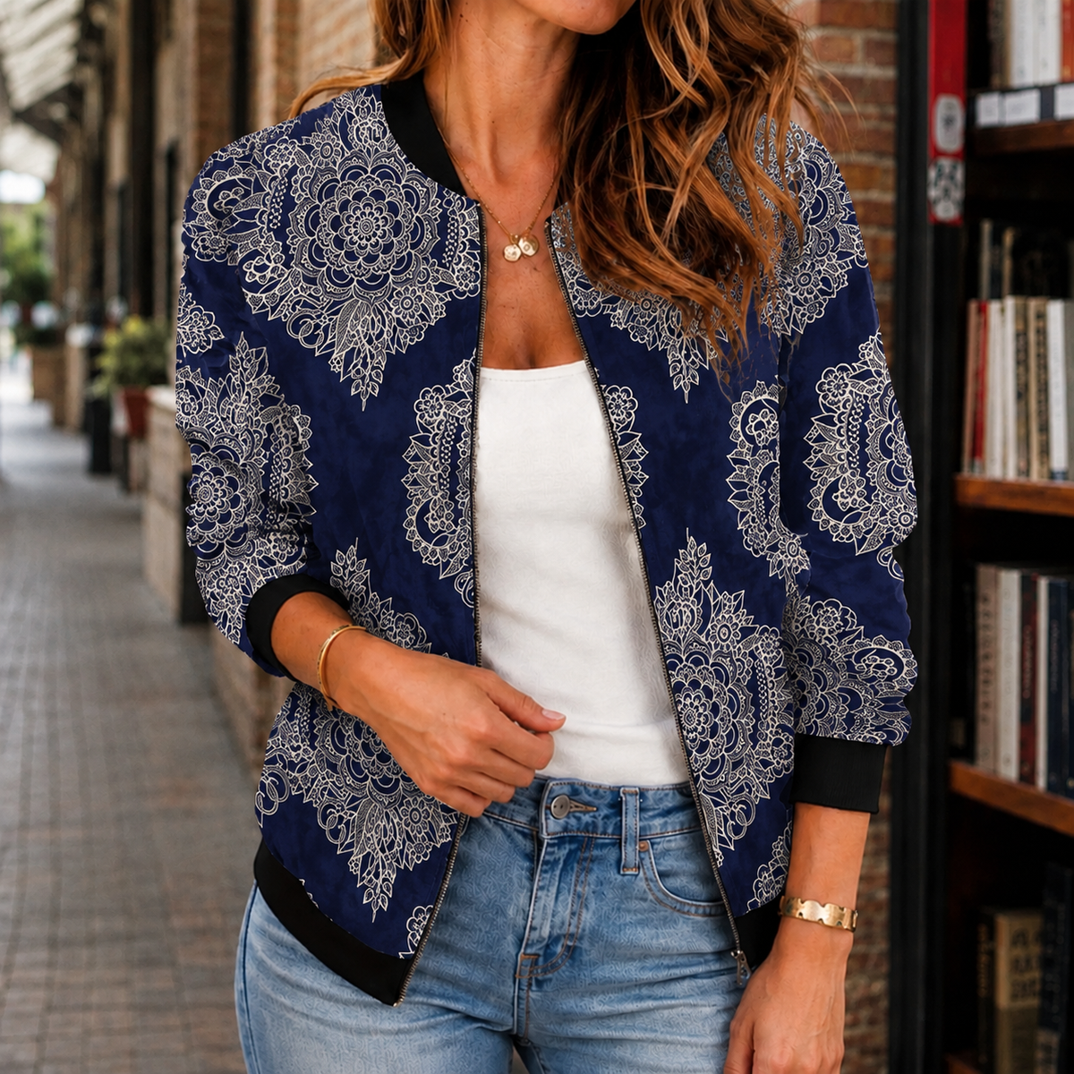 Jacket Polyester Printed Relaxed Hip-Length with Open Zip Front