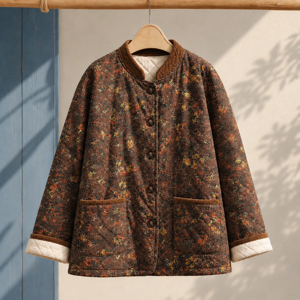 Jacket Cotton-Linen Blend Floral Print with Diamond Quilting