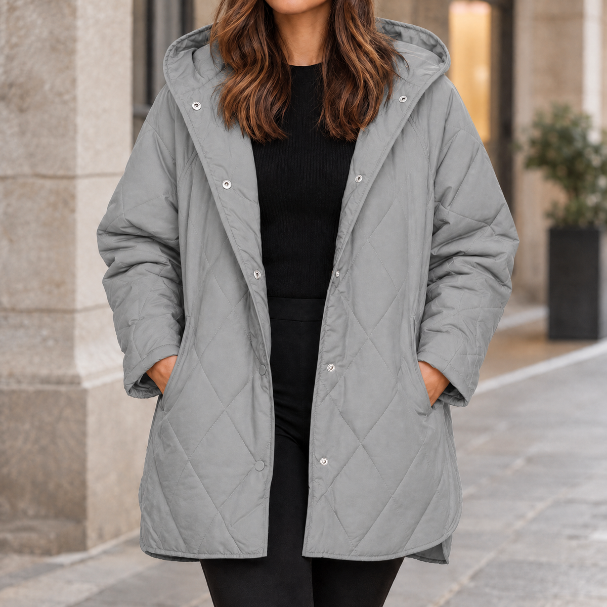 Hooded Quilted Jacket Polyester Diamond Stitching with Snap Front