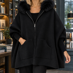 Hooded Jacket Polyester Cape Silhouette with Plush Wool-Blend Trim