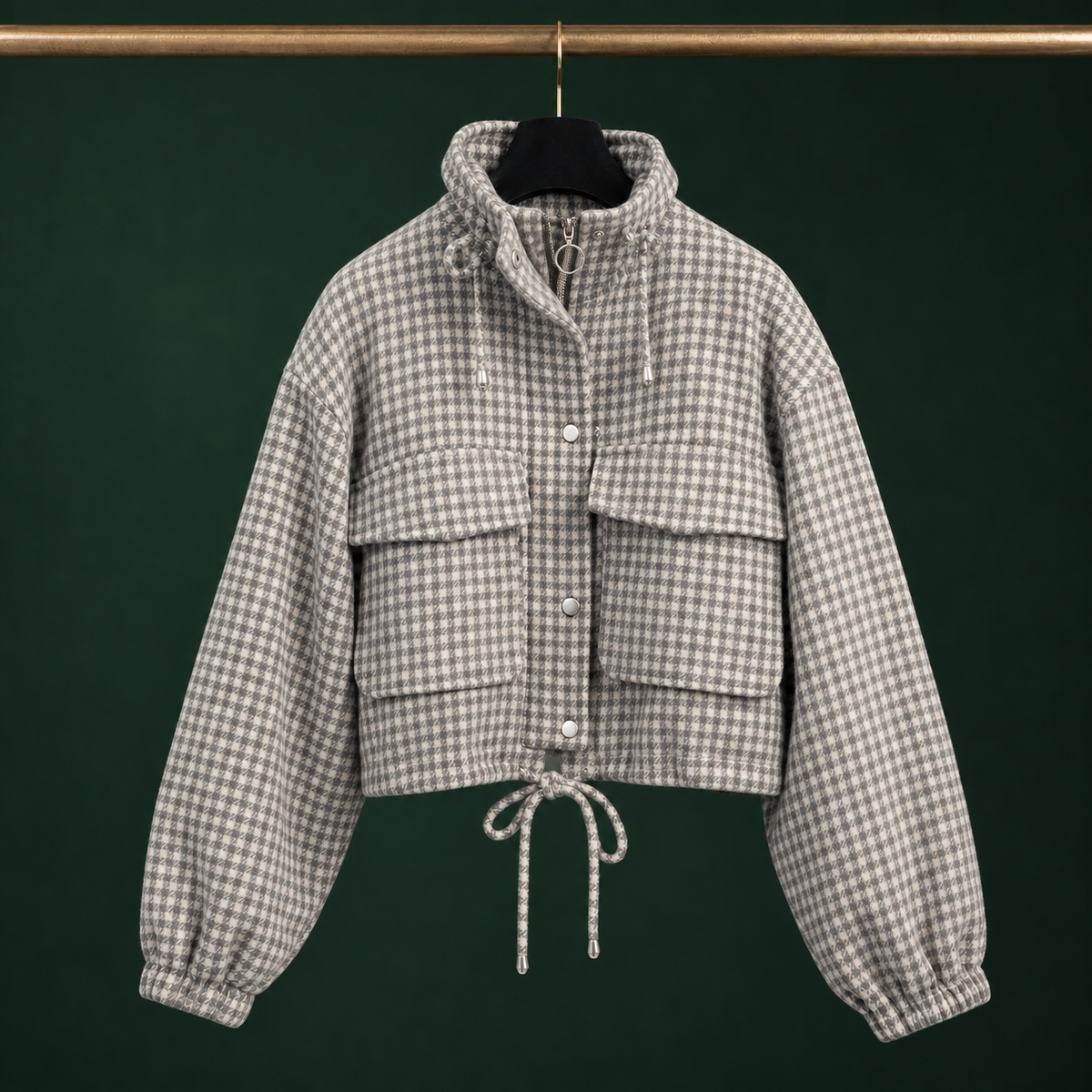 Utility Jacket Polyester Houndstooth Cropped with Flap Chest Pockets