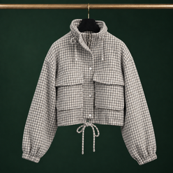 Utility Jacket Polyester Houndstooth Cropped with Flap Chest Pockets