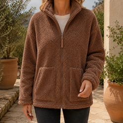 Teddy Jacket Polyester Plush Oversized with Full Zip and Patch Pockets