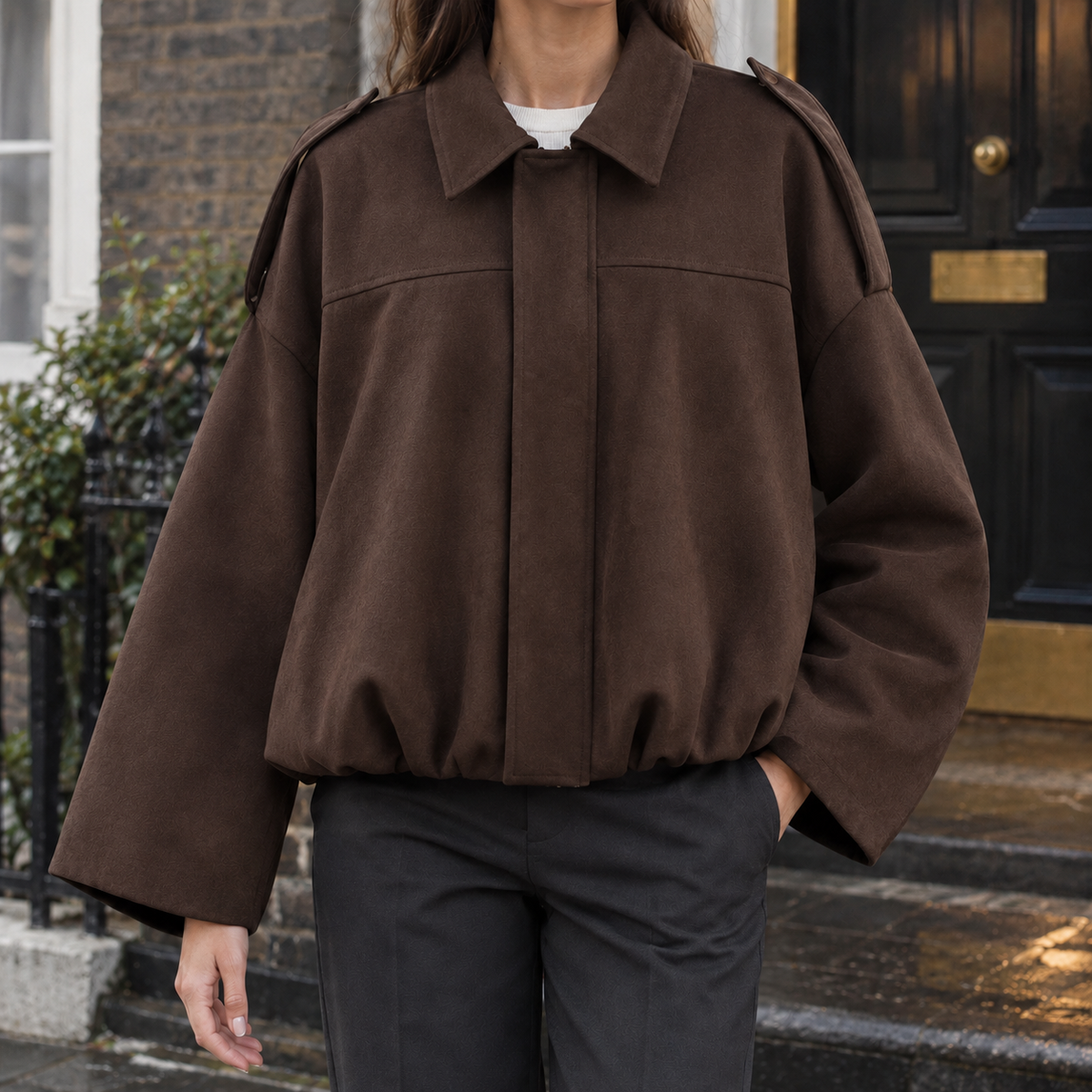 Jacket Faux Suede Relaxed Batwing with Epaulettes and Gathered Hem