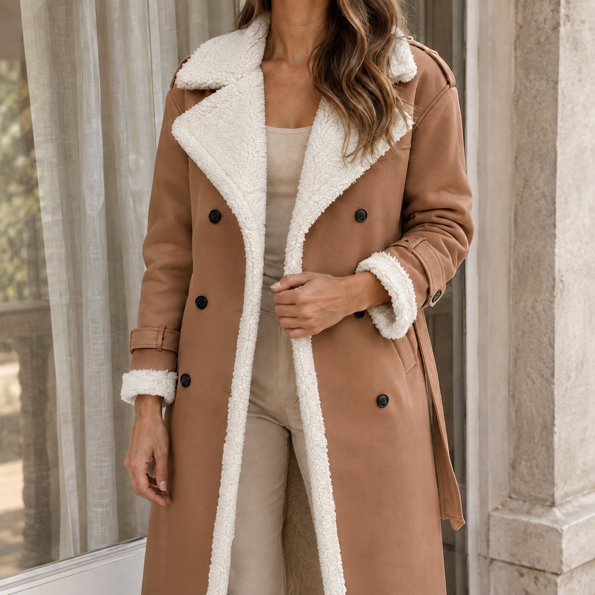 Coat Faux Leather Longline with Faux Shearling Trim and Matching Belt