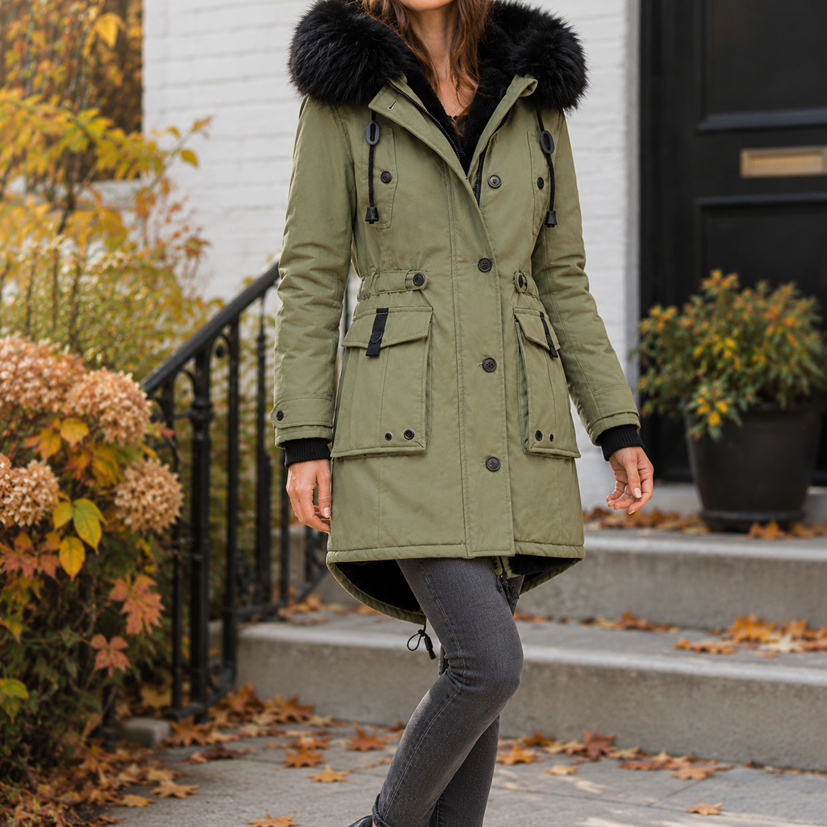 Overcoat Polyester Longline with Plush-Trimmed Hood and Cinched Waist