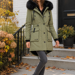 Overcoat Polyester Longline with Plush-Trimmed Hood and Cinched Waist