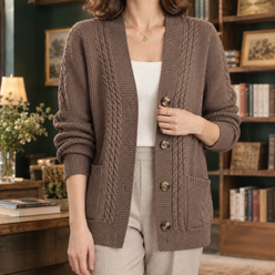 Wool-Blend Cable Knit Cardigan