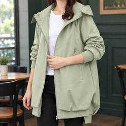 Hooded Jacket Polyester Relaxed Mid-Length with Full Zip and Drawcord