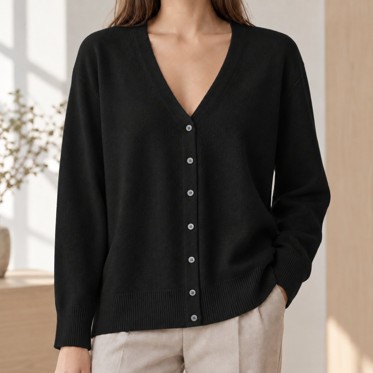 Cotton-Blend Button Cardigan with Deep V-Neck