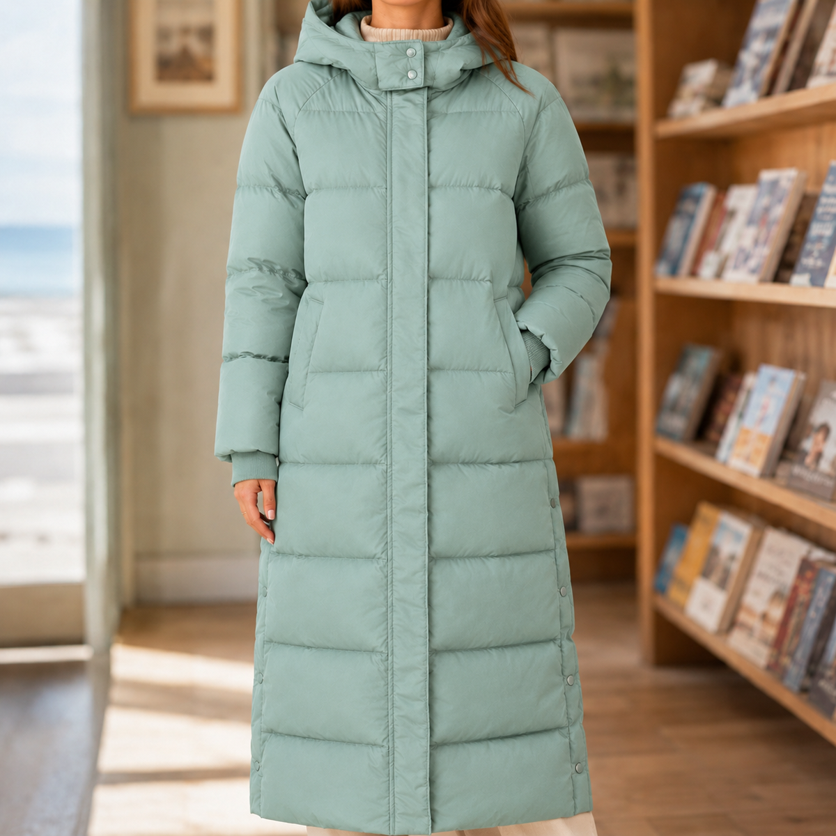 Puffer Coat Polyester Longline with Padded Hood and Side Pockets