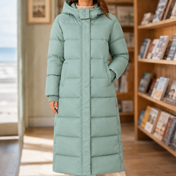 Puffer Coat Polyester Longline with Padded Hood and Side Pockets