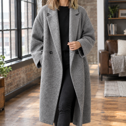 Coat Wool Blend Oversized Long with Broad Notched Lapels