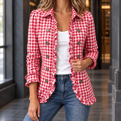 Jacket Polyester Gingham with Ruffle Trim and Open Front